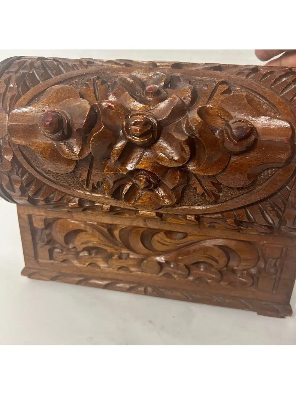 Antique Footed Hand carved Wooden Box Primitive Doned Floral Design Storage